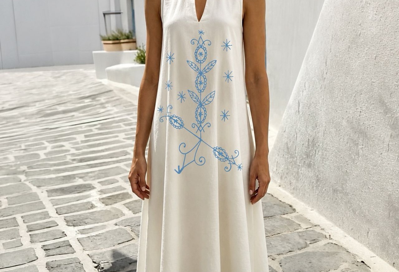 Robe blanche Zuzuh avec veve rose, portée contre un mur de pierre